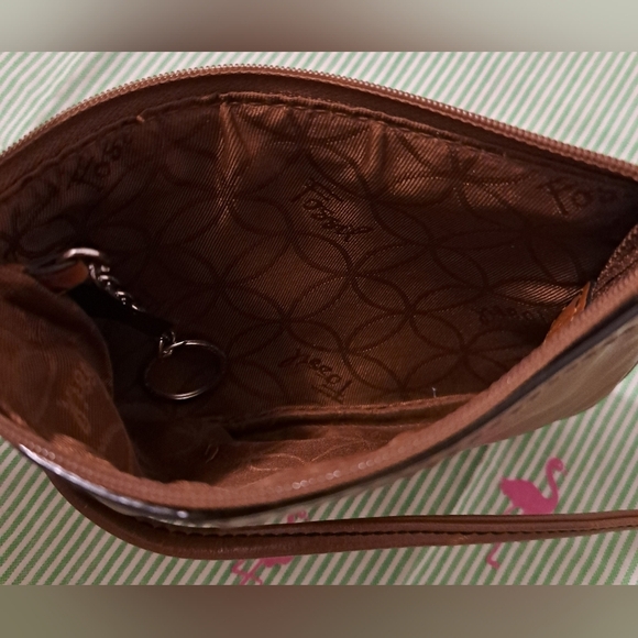 Vintage Y2K Fossil Tan Leather Boho Neutral Casual Wristlet Clutch Bag Keychain - Picture 3 of 8